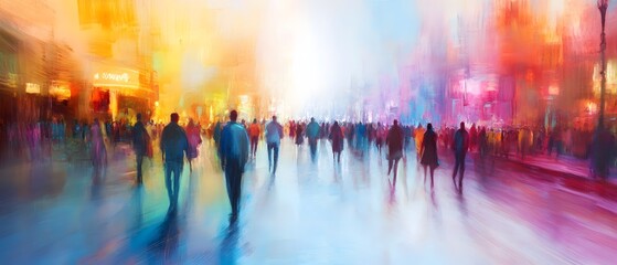 Poster - Blurred motion of a diverse vibrant crowd of people walking on a busy urban city street with colorful dynamic atmosphere