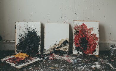 Poster - On the aged grey wall, three vertical glued paper strips are presented in a realistic shabby 3D texture illustration, offering a wrinkled texture surface that can be employed for mockup posters,