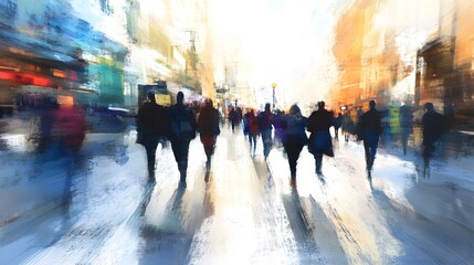 Poster - Blurred motion of a large crowd of anonymous people walking quickly along a busy city street in the bustling urban environment  The blurred fast paced scene captures the sense of motion energy