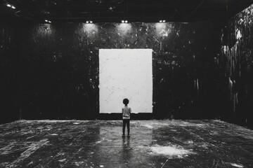 Poster - a blank white poster hangs in a dark hallway that features a black floor, ceiling, and led lights mo