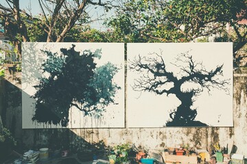 Poster - empty white vertical rectangle poster or card mockups, two in total, have soft tree leaves shadows o