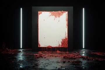 Poster - the scene is set in a dark hallway with a black floor, ceiling, and walls adorned with led lights, w