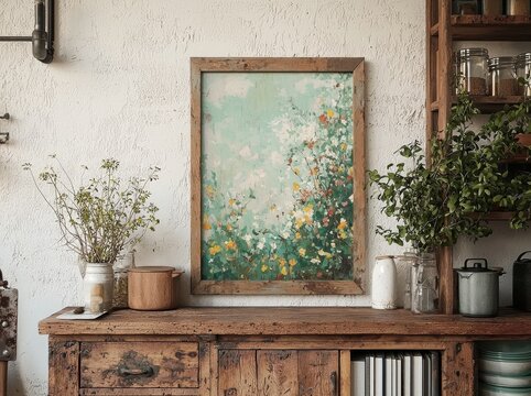 A 3D rendered illustration of a Scandinavian interior, including a small wooden frame, a green plant trailing from a pot, a stack of books, and a shelf, set against an empty white wall, available in