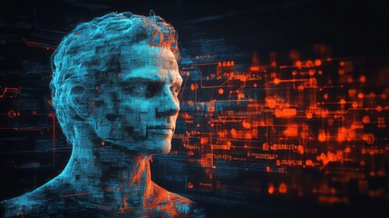Digital human bust with glowing code background illustration