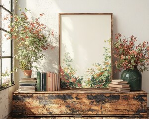 Poster - A 3D illustration of a mock-up poster design featuring home decoration on a desk