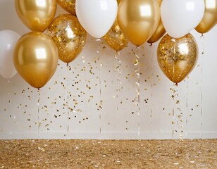 Wall Mural - Elegant golden and white balloons with confetti, creating a festive atmosphere for celebrations.