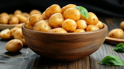 Wall Mural - Bowl of potatoes with a leaf on top. The bowl is wooden and filled with potatoes. The potatoes are all different sizes and are scattered around the bowl