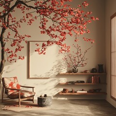 Poster - A minimalist interior setting featuring a canvas mockup, an armchair, and rustic decor, captured in a front view through 3D rendering