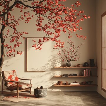 A minimalist interior setting featuring a canvas mockup, an armchair, and rustic decor, captured in a front view through 3D rendering