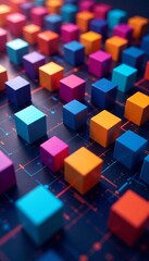 Array of colorful cubes on a grid with mathematical lines, modern technology concept, digital art, geometric, digital art