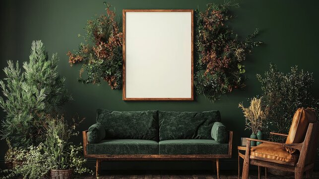 A modern green interior background provides the setting for a large frame mockup, which has been designed using 3d rendering
