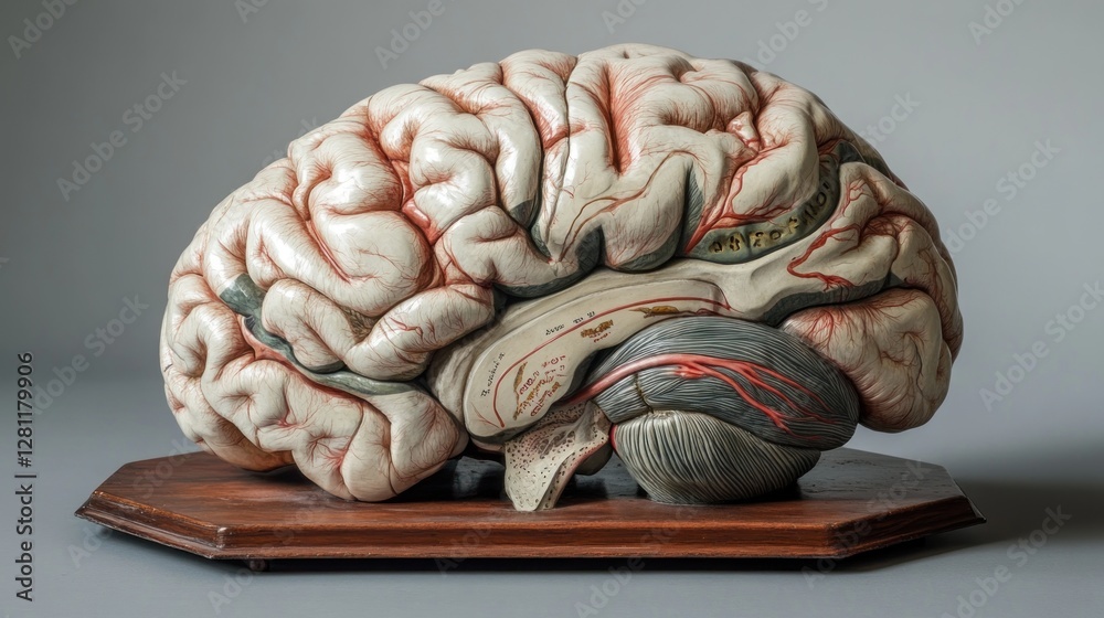 Anatomical model of a human brain on a wooden stand, showing detailed ...