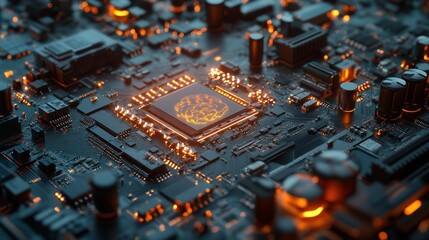 Wall Mural - Close-up of a circuit board with a CPU featuring a brain-like design, glowing orange.