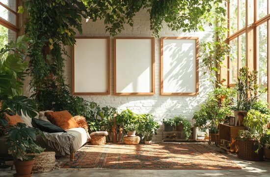 A modern home with a minimalist aesthetic features warm-colored furniture and a poster frame mockup set against a bright interior backdrop, all showcased in a 3D rendering