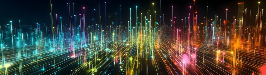 Poster - Captivating abstract digital art with a vibrant futuristic aesthetic featuring a dazzling display of colorful luminous lights in dynamic flowing motion that creates a mesmerizing