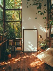 Fototapete - A 3D rendering of a home mockup featuring a room with a Scandi-Boho style interior and light pastel colors