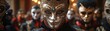 © ZpongXED - A group of individuals in ornate masks and costumes, exuding a mysterious and elegant atmosphere in a grand setting.