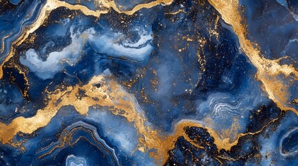 Poster - Captivating abstract marble texture with dynamic swirling patterns in shimmering golden hues and vivid blue accents creating a mesmerizing and elegant visual effect