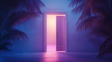 Aufkleber - An open door beckons with warm, colorful light, casting a magical glow into a tranquil room. Lush palm leaves frame the entrance, hinting at adventures beyond