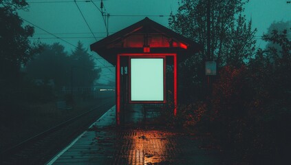 Poster - A blank white digital sign billboard poster mockup is situated in a train station during the evening