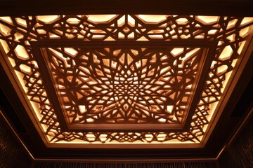 Canvas Print - Illuminated Wooden Ceiling with Intricate Geometric Design