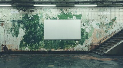 Poster - The subway station, which includes an escalator, showcases a mockup of a billboard with a white blanket design