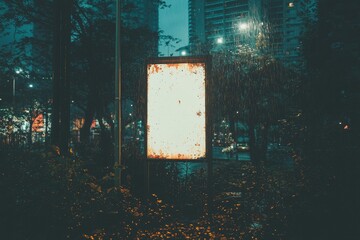 Poster - In a mockup, a vertical advertising banner billboard with a blank white design stands on the sidewalk at night