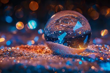 Poster - Crystal ball on glittering surface with magical blue and orange bokeh lights creating dreamy atmosphere. Mystical glass sphere reflects ethereal glow in dark setting.