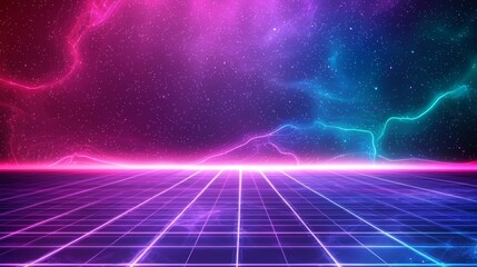 Poster - A cyberpunk-inspired sci-fi backdrop featuring neon lights and a grid-like structure, evoking a sense of futuristic cyberspace