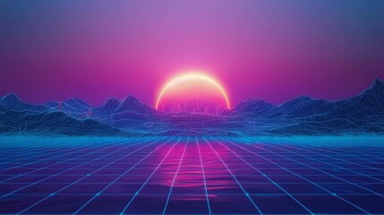 Poster - A futuristic cyberspace environment characterized by neon illumination and grid formations, reminiscent of classic cyberpunk science fiction