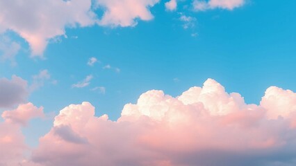 Wall Mural - Beautiful background image of a romantic blue sky with soft fluffy pink clouds Panoramic natural vie