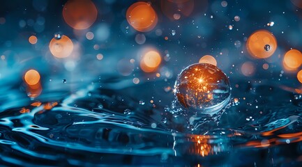 Poster - Glowing orange sphere floating on rippling water surface with bokeh lights and water drops creating magical atmospheric effect in blue tones.