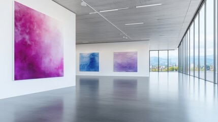 Poster - An empty, modern art museum or gallery is exemplified by a large hall with white walls, elegant artwork, and strategic lighting, devoid of any human presence