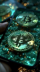 Poster - Cryptocurrency coins on digital background with glowing turquoise and gold bokeh lights creating magical atmosphere for finance and technology concepts.