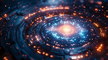 Poster - Glowing spiral galaxy with orange and blue light effects, cosmic energy vortex against dark background, abstract space design with luminous center point.
