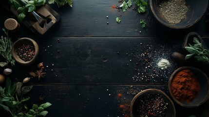 Wall Mural - Rustic kitchen table with herbs and spices arrangement for culinary inspiration