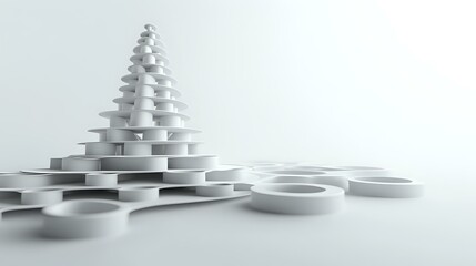 Poster - Abstract white spiral staircase formation made of rings creating geometric pyramid shape on light background, minimalist architectural concept for modern design.