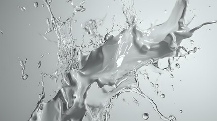 Poster - Dynamic white milk splash with droplets and waves creating abstract fluid motion against light gray background, high-speed photography capturing liquid movement.