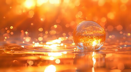 Poster - Crystal glass sphere reflecting golden sunset light on wet surface with bokeh effect background creates magical atmosphere and ethereal glow.