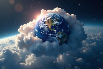 surreal image of a cloud-covered earth floating in space, fantasy, outer space
