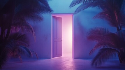 Aufkleber - Softly lit from within, a door stands ajar in a tranquil room, surrounded by lush tropical plants. The inviting glow hints at secrets waiting to be discovered in the soothing ambiance