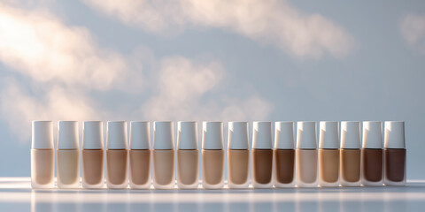 Poster - collection of foundation bottles arranged in a gradient display against a soft sky background in a w