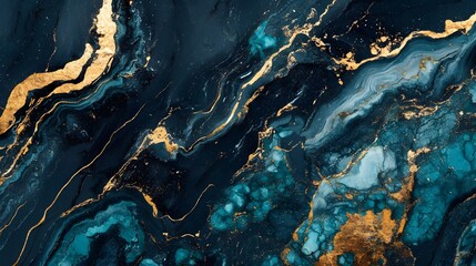 Poster - Captivating Fluid Marble Abstract with Mesmerizing Turquoise and Gold Tones for Modern Decor Branding and Wallpaper  Elegant and Ethereal Digital Art Composition with Flowing