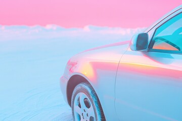 Poster - creative capture of shiny clean car parked in snow glint of sunlight on its surface creating visually striking composition