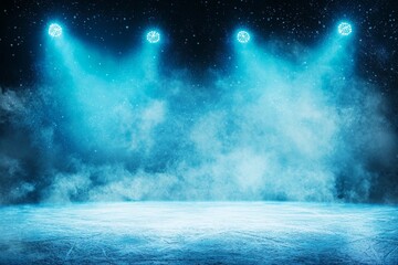 Poster - In the winter, a sports panorama shows an empty ice rink with bright spotlights on a black background