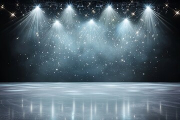 Poster - The empty ice rink shines brightly under spotlights set against a black sports panorama during winter