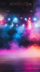 Poster - colorful spotlights and smoke fill the empty stage at night, creating a dramatic atmosphere