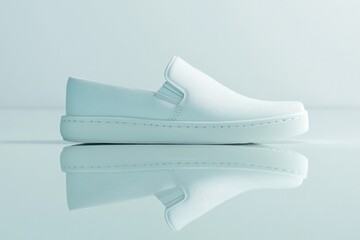 Poster - minimalist photo of casual slip-on shoes displayed neatly on smooth white background with soft reflections and wide