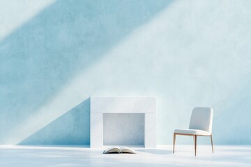 Poster - minimalist view of modern fireplace surrounded by clean decor and book open on sleek chair bright and organized layout