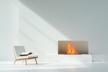 Poster - minimalist view of modern fireplace surrounded by clean decor and book open on sleek chair bright and organized layout